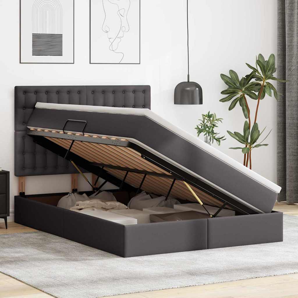 Ágy tárolóval és LED lámpával Szürke 140 x 190 cm Műbőr