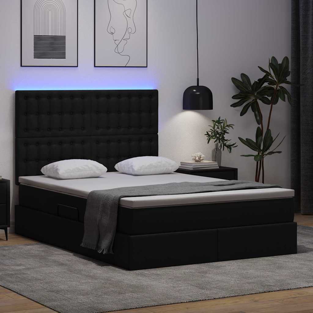 Ágy tárolóval és LED lámpával Fekete 140 x 200 cm Műbőr