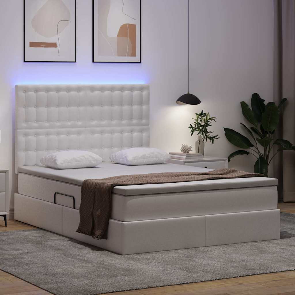 Ágy tárolóval és LED lámpával Tiszta Fehér 140 x 200 cm Műbőr