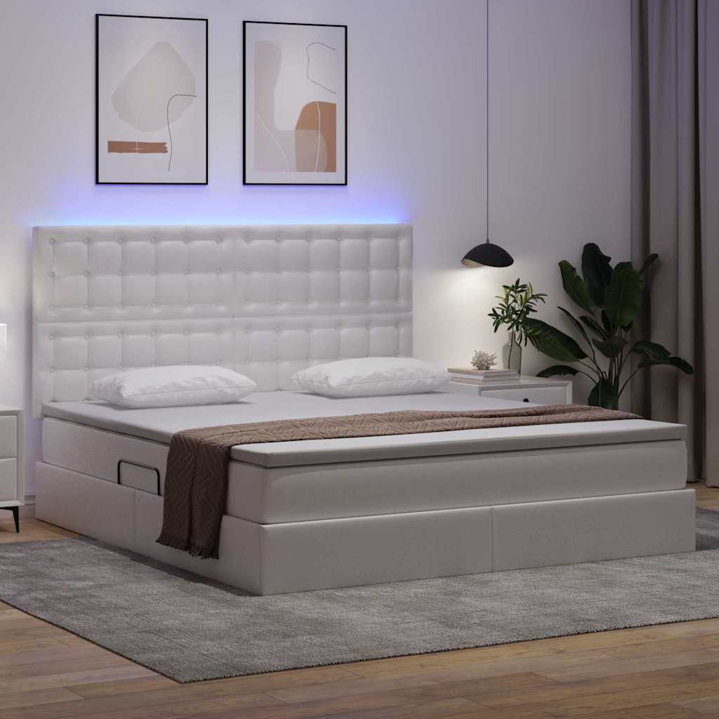 Ágy tárolóval és LED lámpával Tiszta Fehér 160 x 200 cm Műbőr