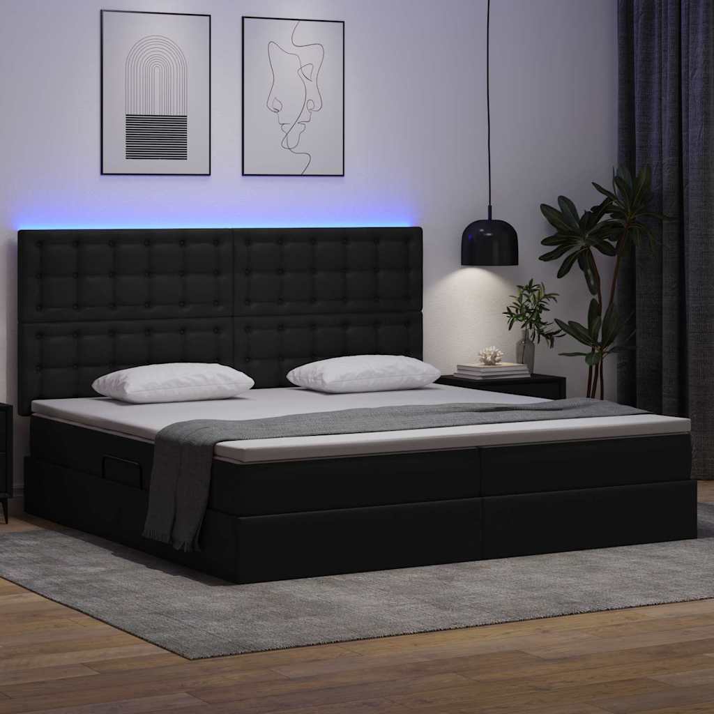 Ágy tárolóval és LED lámpával Fekete 200 x 200 cm Műbőr