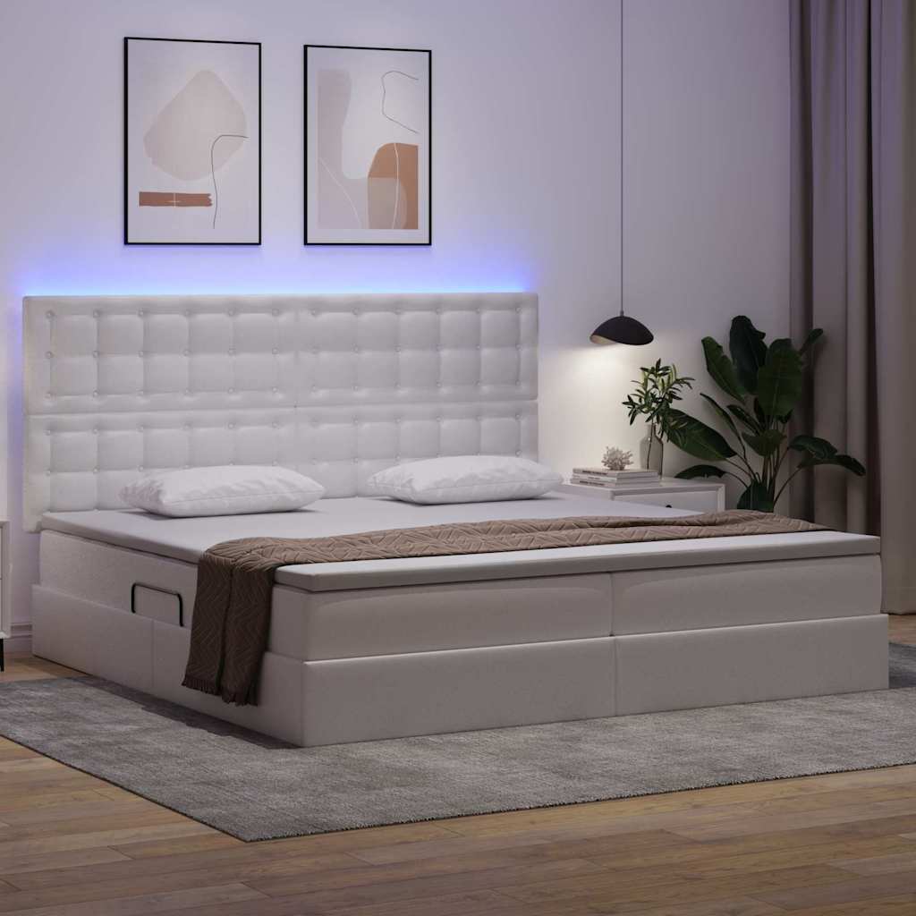 Ágy tárolóval és LED lámpával Tiszta Fehér 200 x 200 cm Műbőr