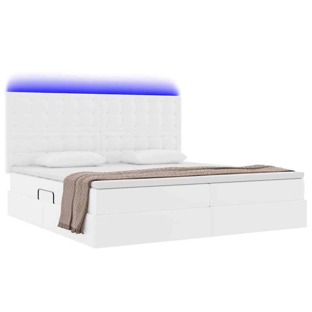 Ágy tárolóval és LED lámpával Tiszta Fehér 200 x 200 cm Műbőr