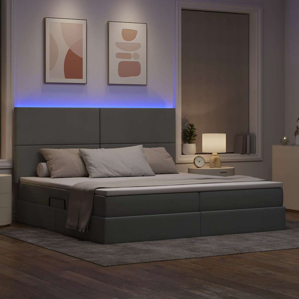 LED tárolós ágy matraccal Világosszürke 200 x 200 cm Szövet