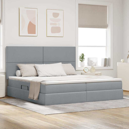 LED tárolós ágy matraccal Világosszürke 200 x 200 cm Szövet