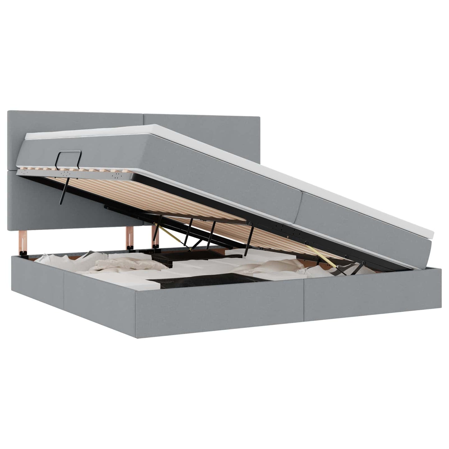 LED tárolós ágy matraccal Világosszürke 200 x 200 cm Szövet
