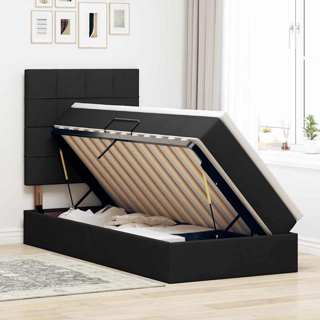 LED tárolós ágy matraccal Fekete 90 x 190 cm Szövet
