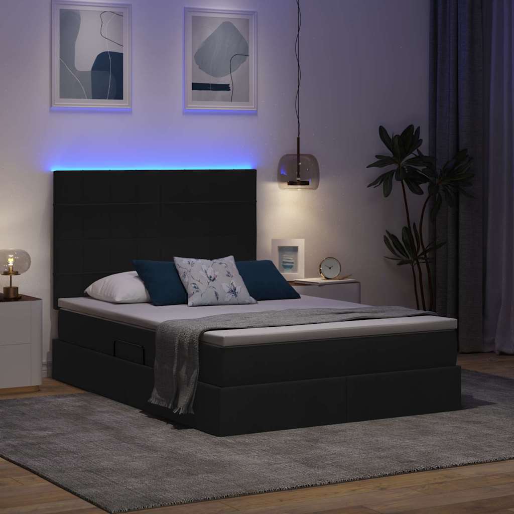 LED tárolós ágy matraccal Fekete 140 x 200 cm Szövet