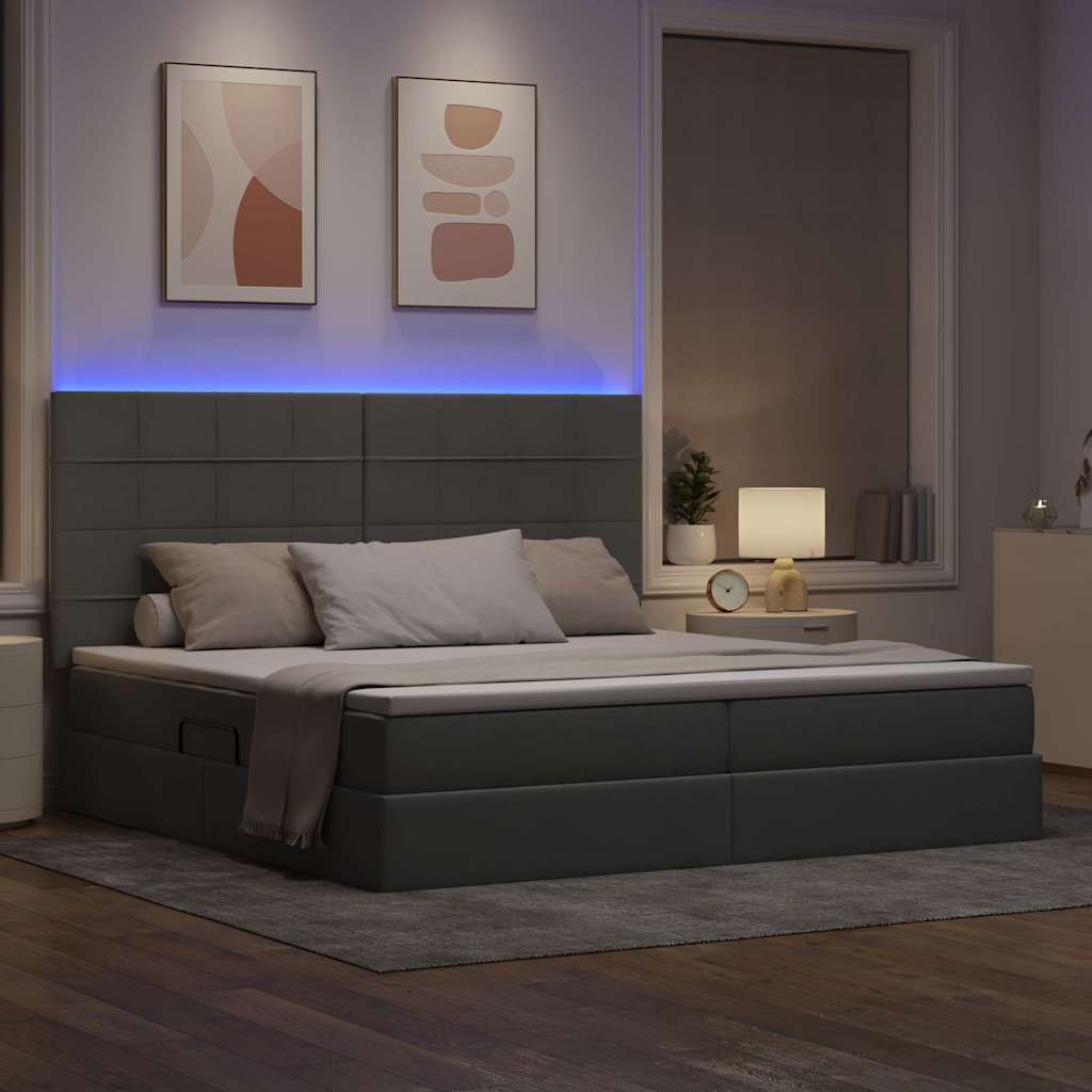 LED tárolós ágy matraccal Világosszürke 200 x 200 cm Szövet