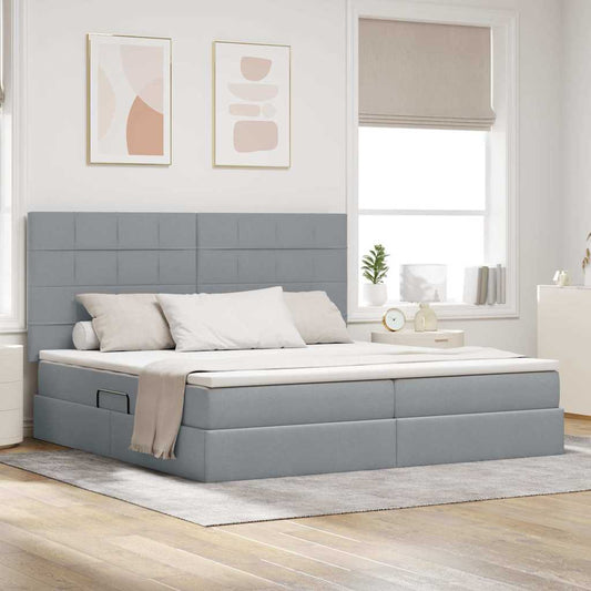 LED tárolós ágy matraccal Világosszürke 200 x 200 cm Szövet