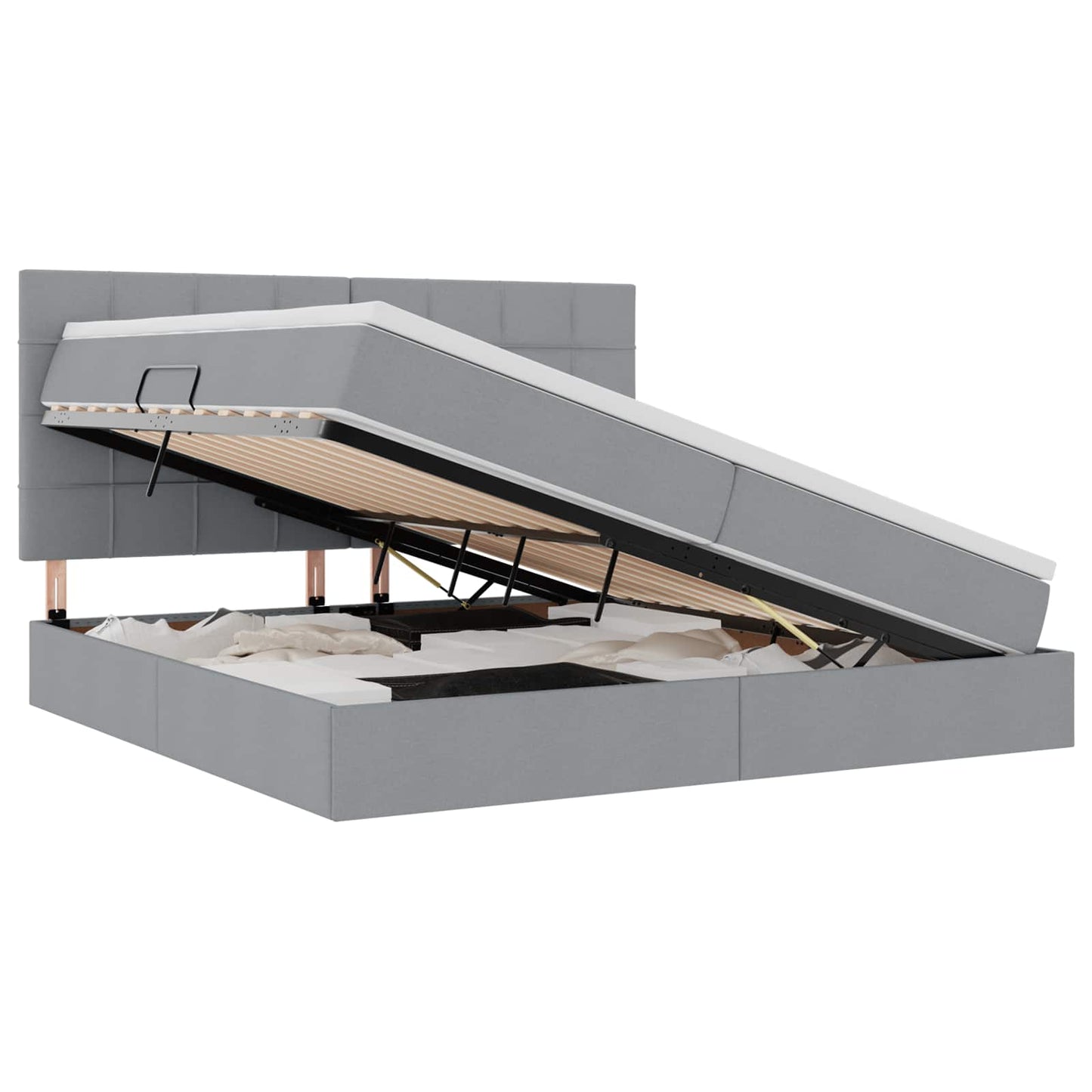 LED tárolós ágy matraccal Világosszürke 200 x 200 cm Szövet