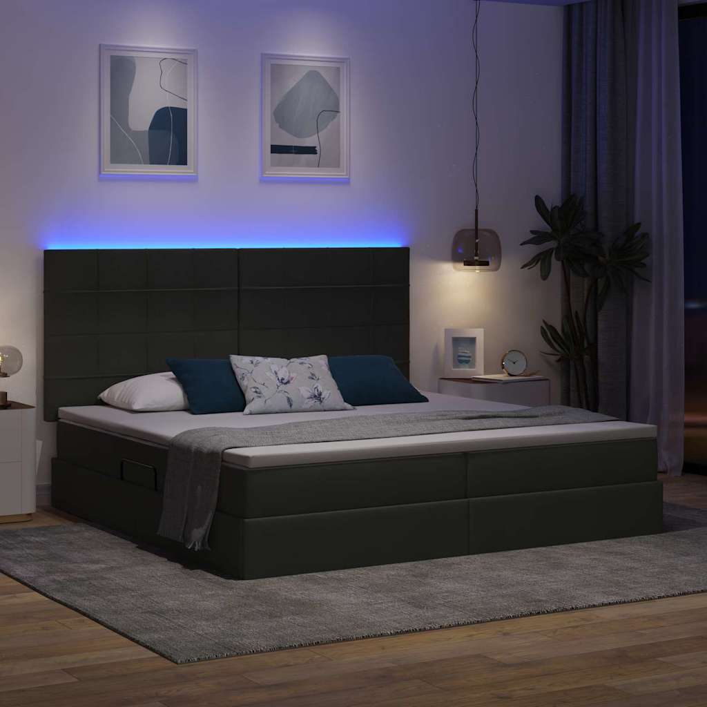 LED tárolós ágy matraccal Sötétszürke 200 x 200 cm Szövet