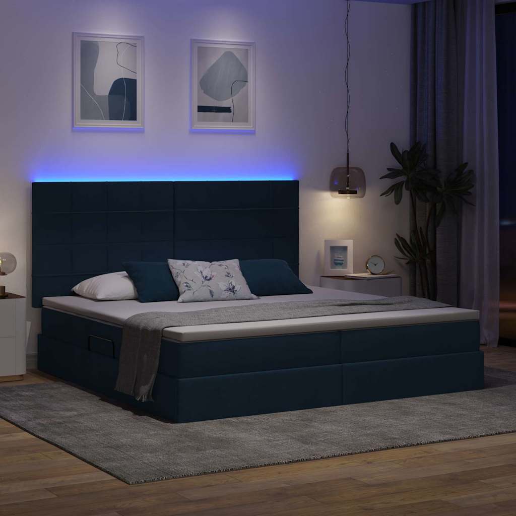LED tárolós ágy matraccal Kék 200 x 200 cm Szövet