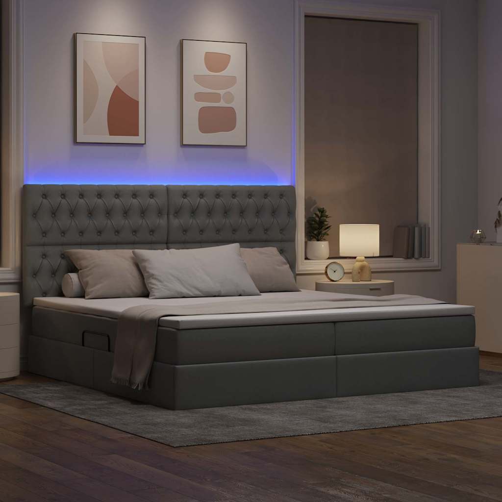 LED tárolós ágy matraccal Világosszürke 200 x 200 cm Szövet