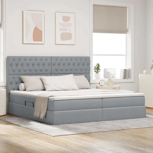 LED tárolós ágy matraccal Világosszürke 200 x 200 cm Szövet