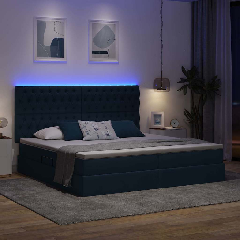 LED tárolós ágy matraccal Kék 200 x 200 cm Szövet