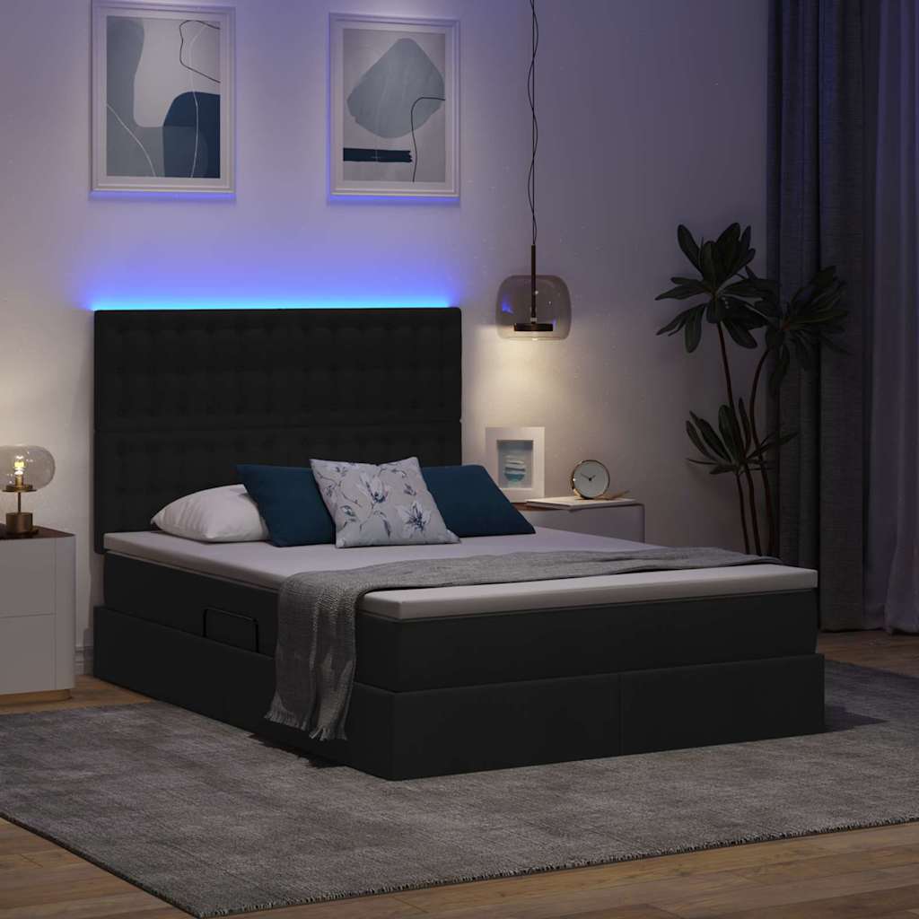 LED tárolós ágy matraccal Fekete 140 x 200 cm Szövet