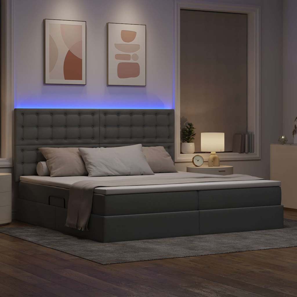 LED tárolós ágy matraccal Világosszürke 200 x 200 cm Szövet