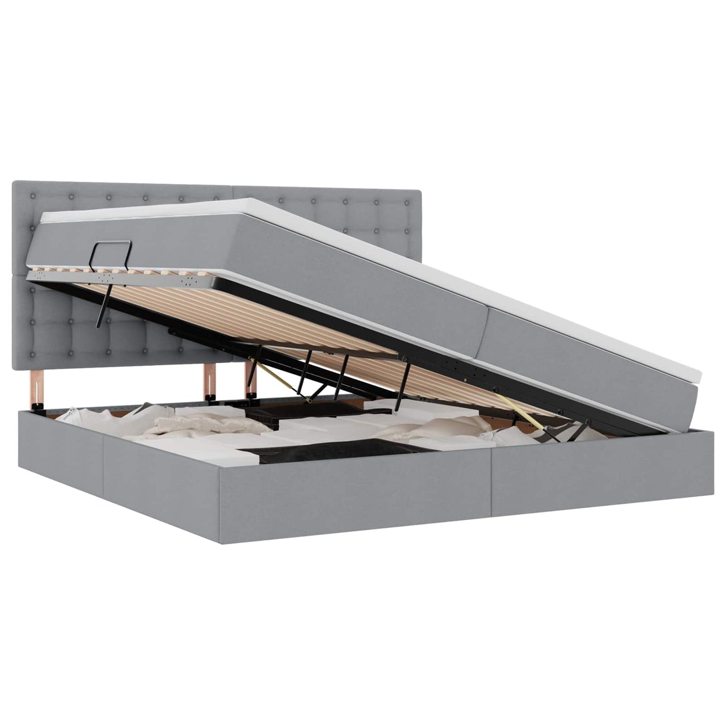 LED tárolós ágy matraccal Világosszürke 200 x 200 cm Szövet