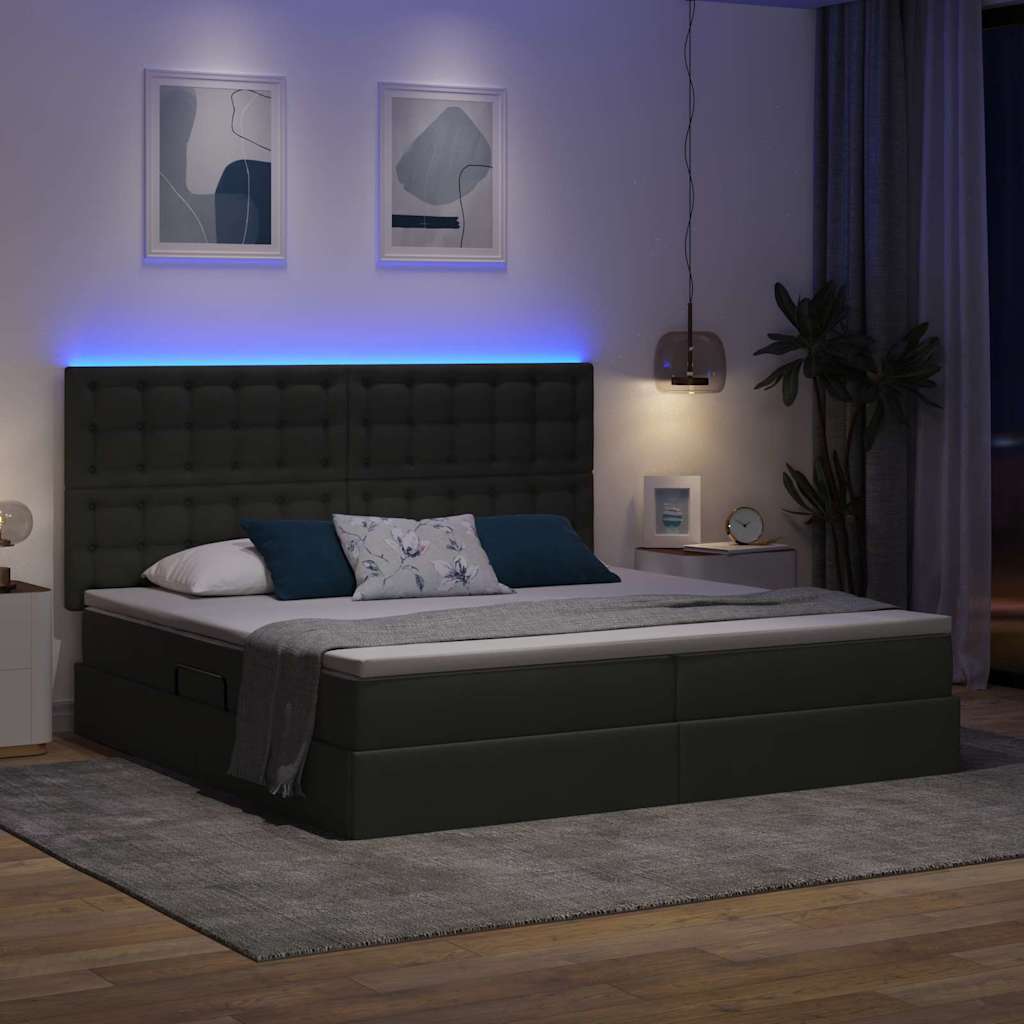 LED tárolós ágy matraccal Sötétszürke 200 x 200 cm Szövet