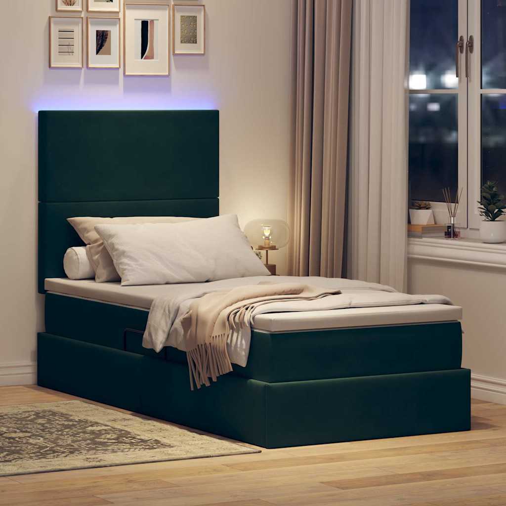 LED tárolós ágy matraccal Sötétzöld 90 x 190 cm Bársony