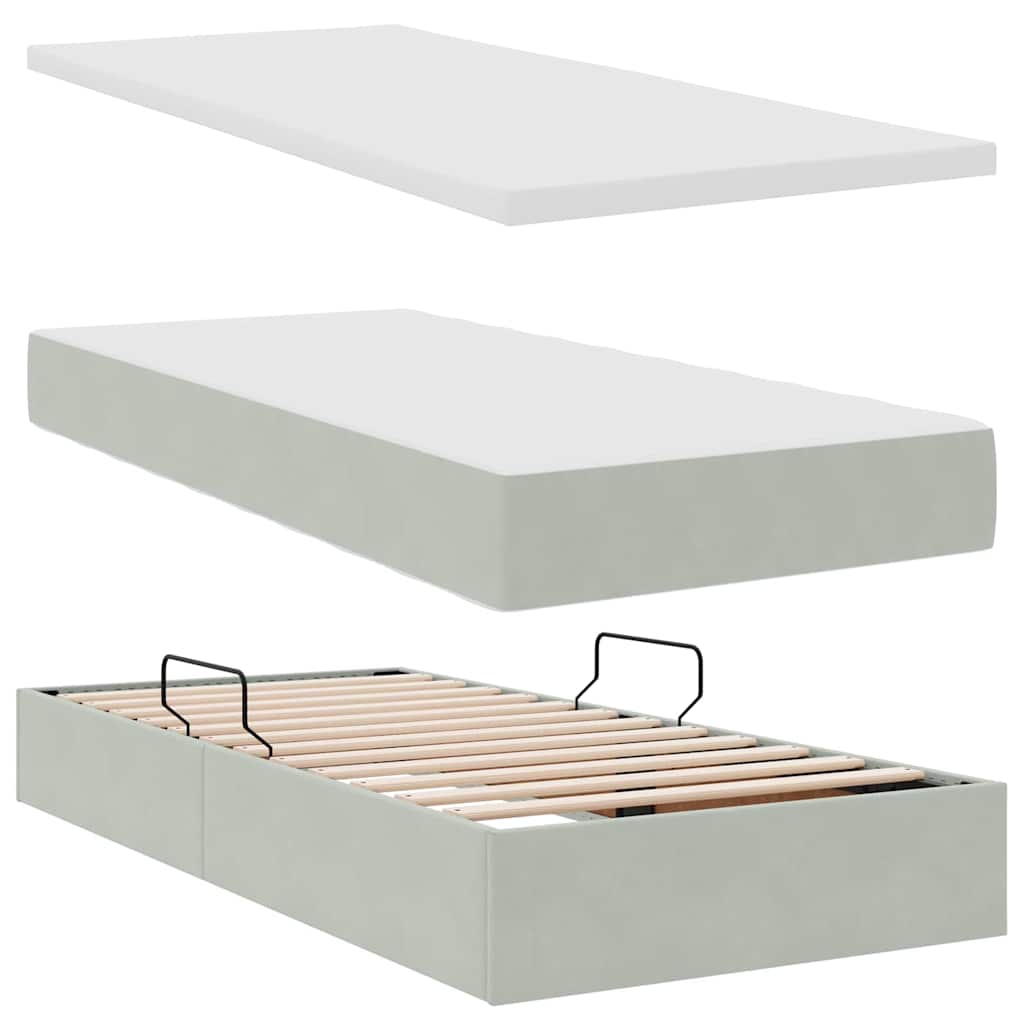 LED tárolós ágy matraccal Világosszürke 100 x 200 cm Bársony