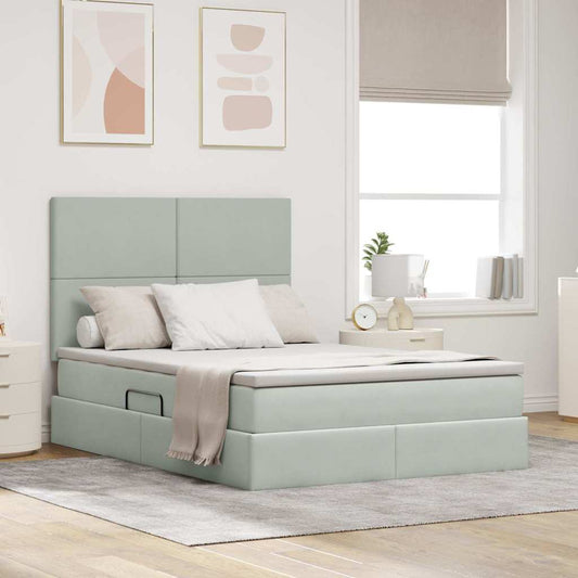 LED tárolós ágy matraccal Világosszürke 140 x 190 cm Bársony