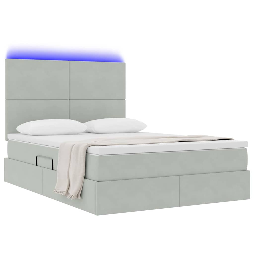 LED tárolós ágy matraccal Világosszürke 140 x 190 cm Bársony