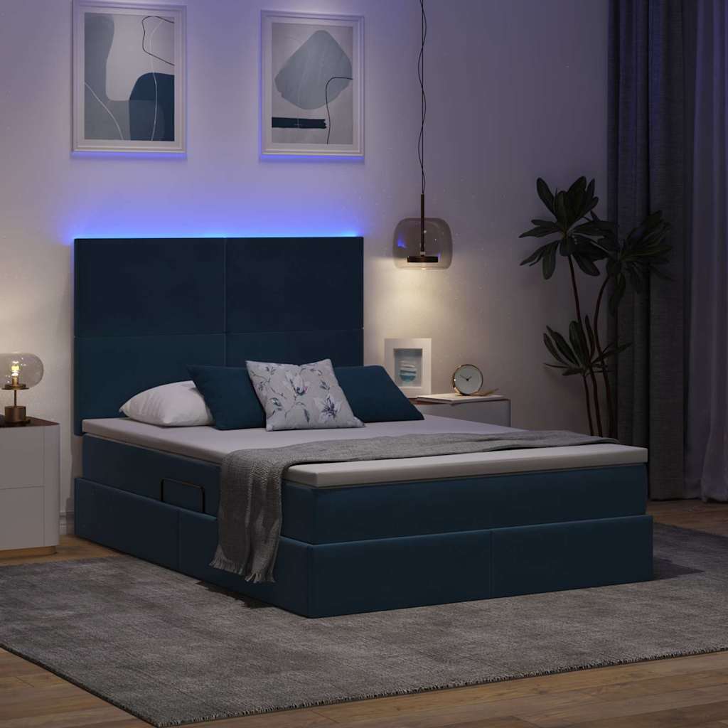 LED tárolós ágy matraccal Sötét kék 140 x 190 cm Bársony