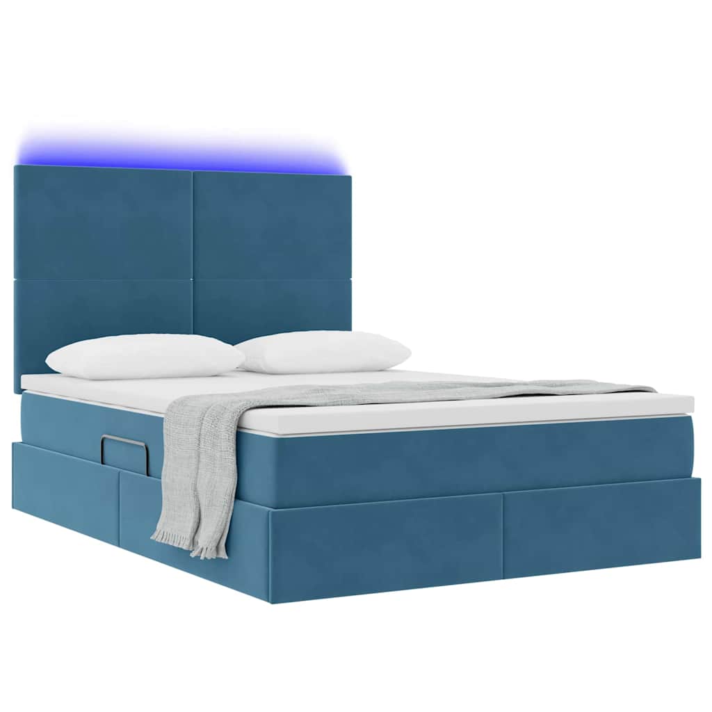 LED tárolós ágy matraccal Sötét kék 140 x 190 cm Bársony