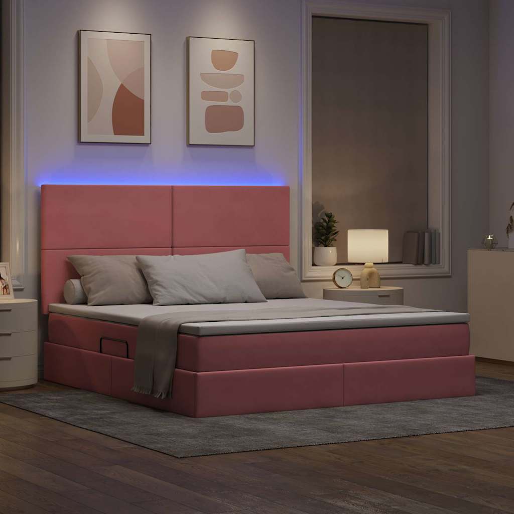 LED tárolós ágy matraccal Rózsaszín 160 x 200 cm Bársony