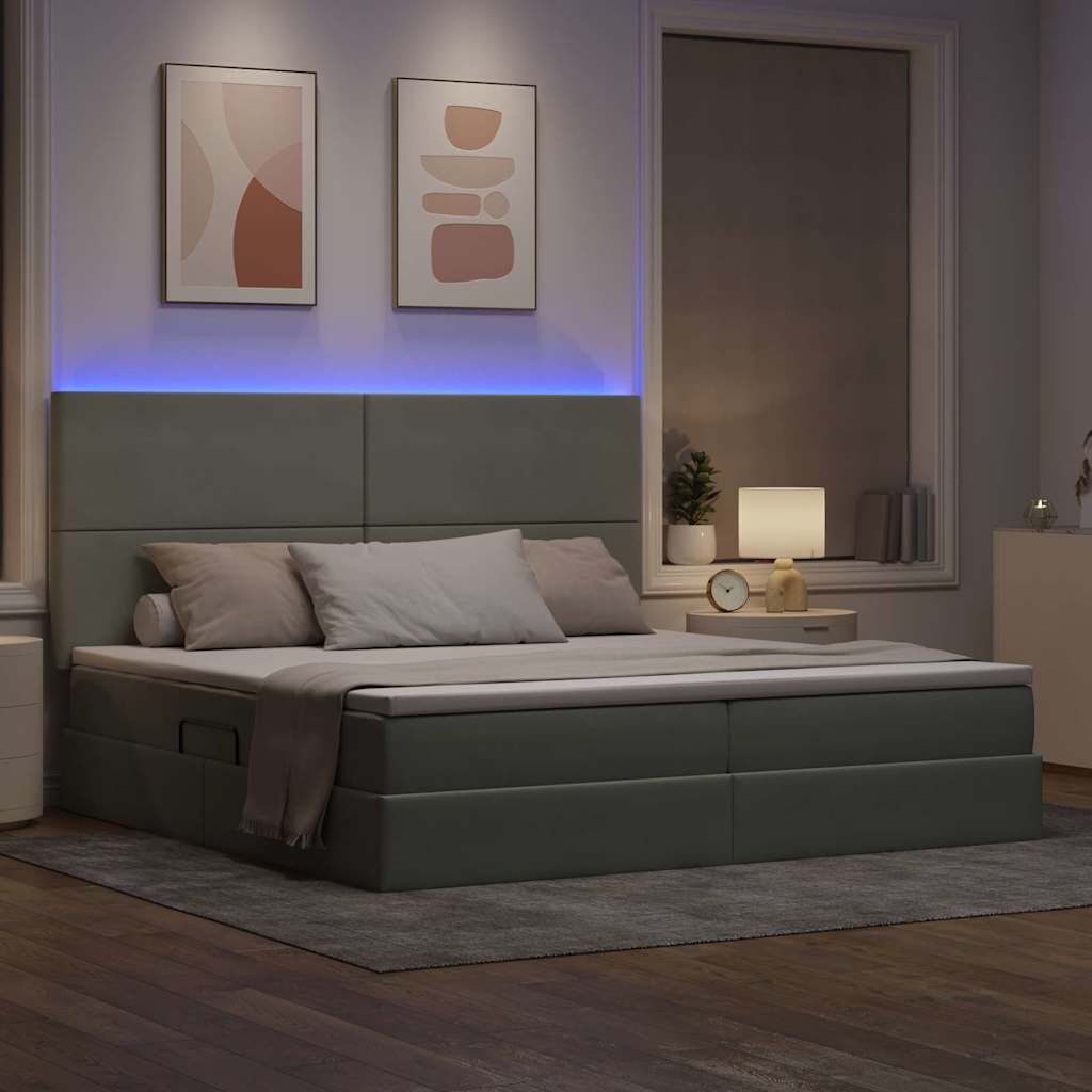 LED tárolós ágy matraccal Világosszürke 200 x 200 cm Bársony