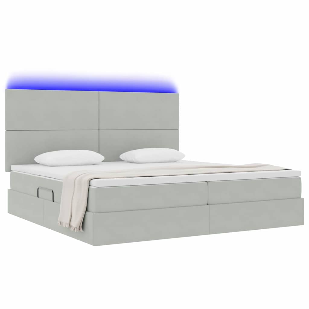 LED tárolós ágy matraccal Világosszürke 200 x 200 cm Bársony