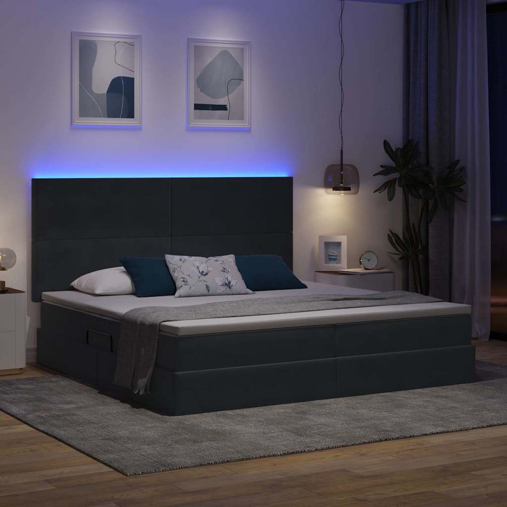LED tárolós ágy matraccal Sötétszürke 200 x 200 cm Bársony