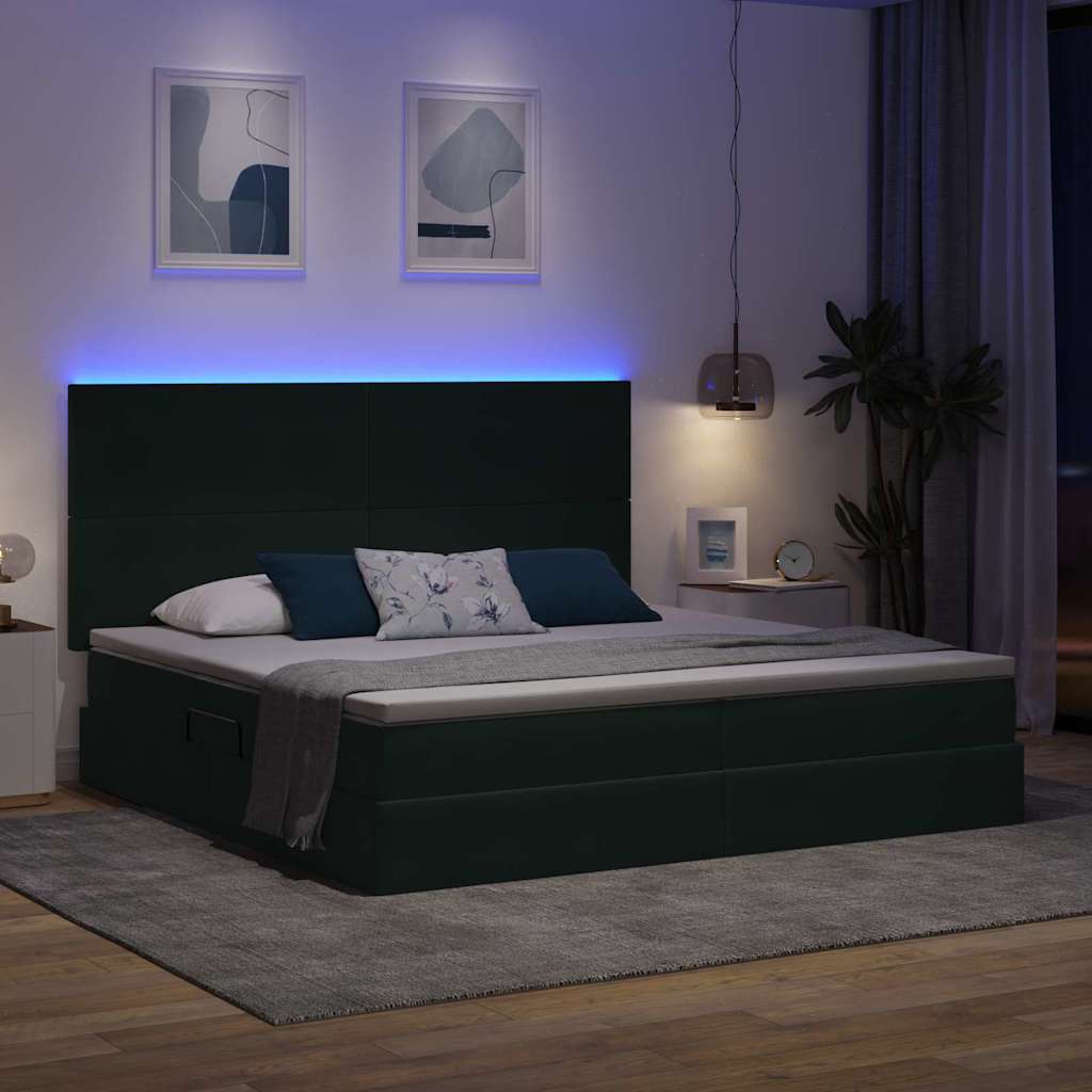 LED tárolós ágy matraccal Sötétzöld 200 x 200 cm Bársony