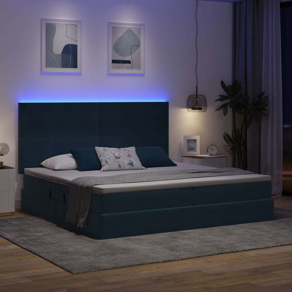LED tárolós ágy matraccal Sötét kék 200 x 200 cm Bársony