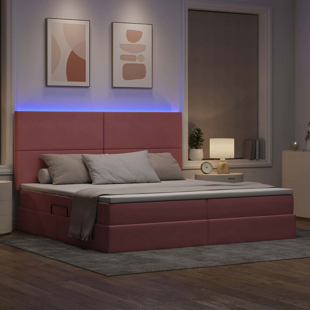 LED tárolós ágy matraccal Rózsaszín 200 x 200 cm Bársony