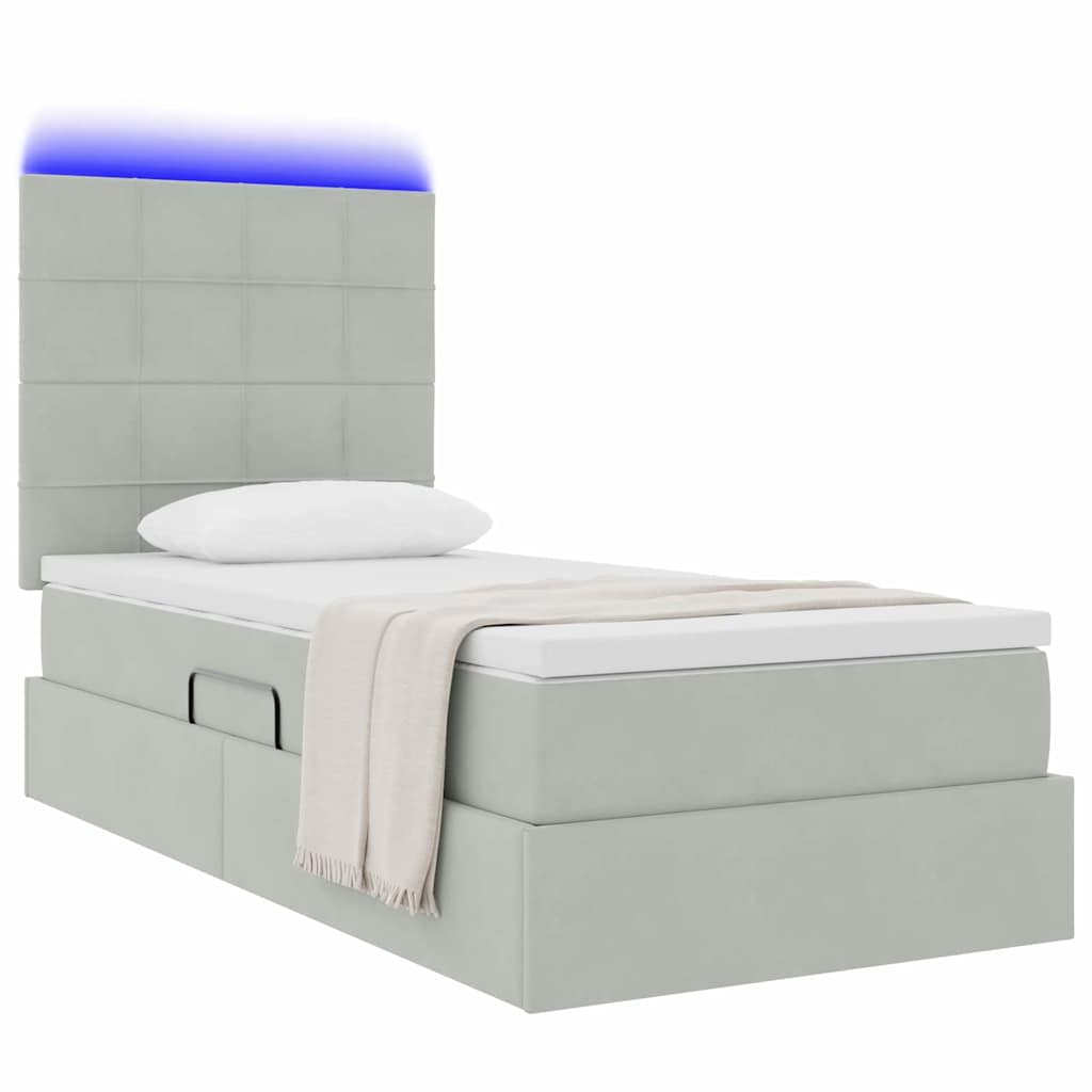 LED tárolós ágy matraccal Világosszürke 90 x 190 cm Bársony