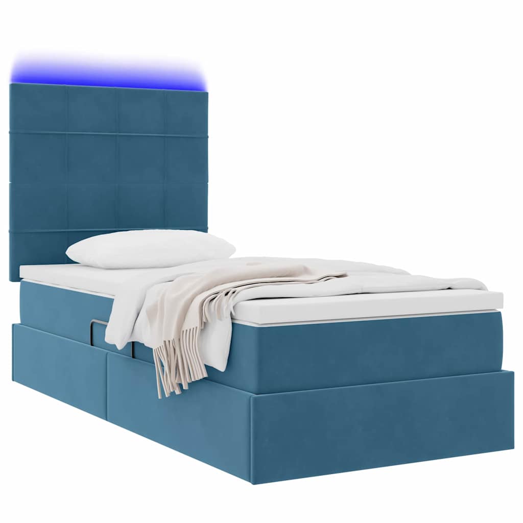 LED tárolós ágy matraccal Sötét kék 90 x 190 cm Bársony