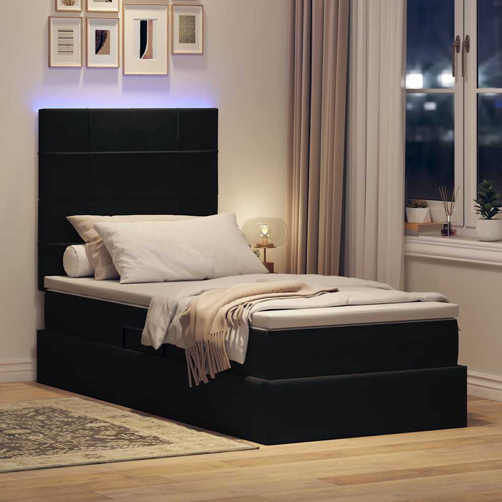 LED tárolós ágy matraccal Fekete 100 x 200 cm Bársony