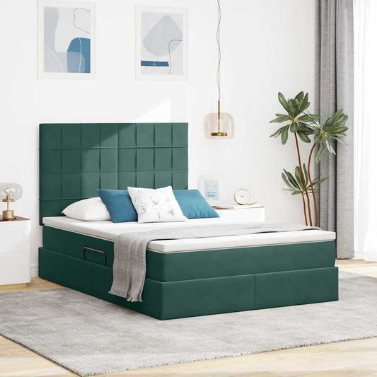 LED tárolós ágy matraccal Sötétzöld 140 x 190 cm Bársony