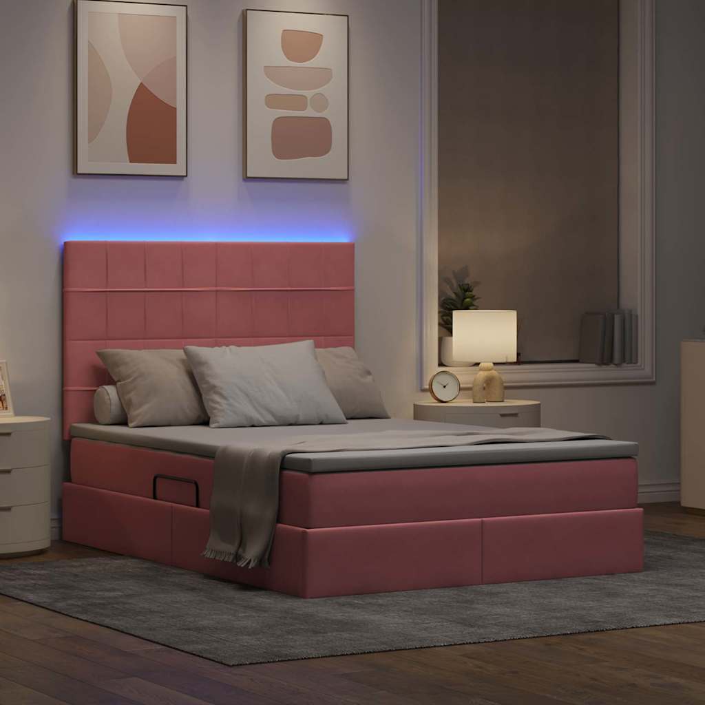 LED tárolós ágy matraccal Rózsaszín 140 x 190 cm Bársony