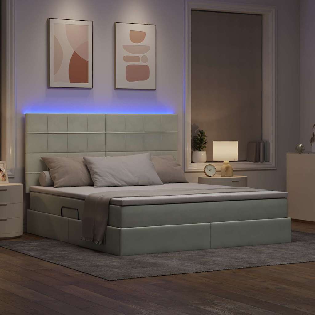 LED tárolós ágy matraccal Világosszürke 160 x 200 cm Bársony