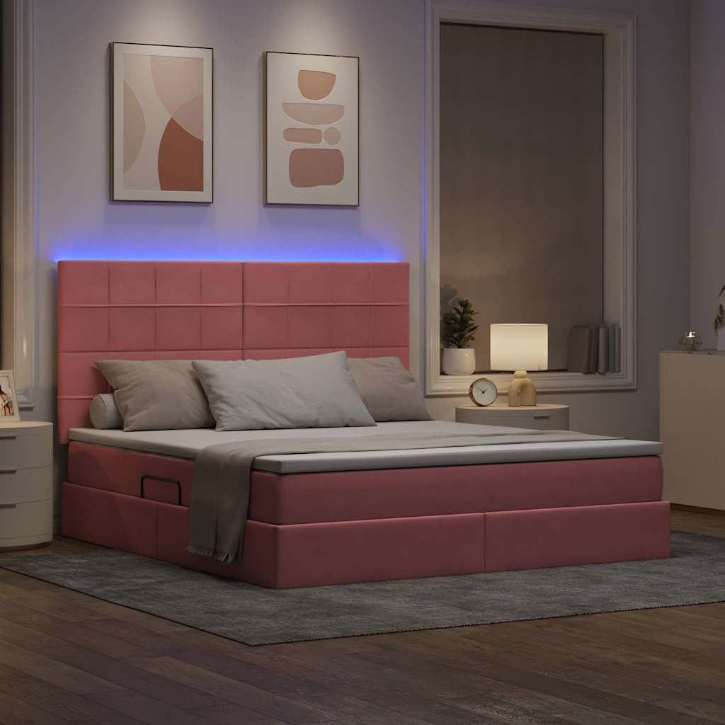 LED tárolós ágy matraccal Rózsaszín 160 x 200 cm Bársony