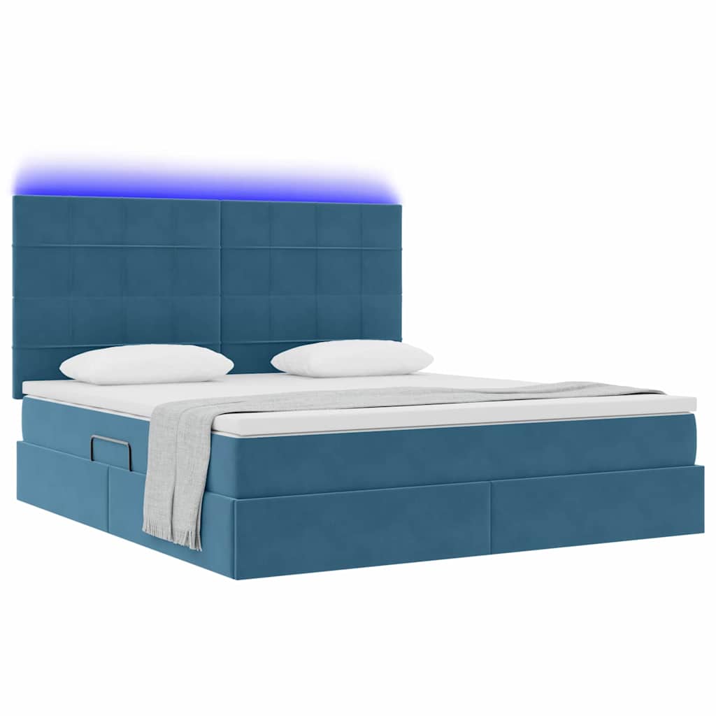 LED tárolós ágy matraccal Sötét kék 180 x 200 cm Bársony