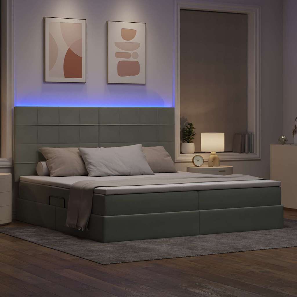 LED tárolós ágy matraccal Világosszürke 200 x 200 cm Bársony