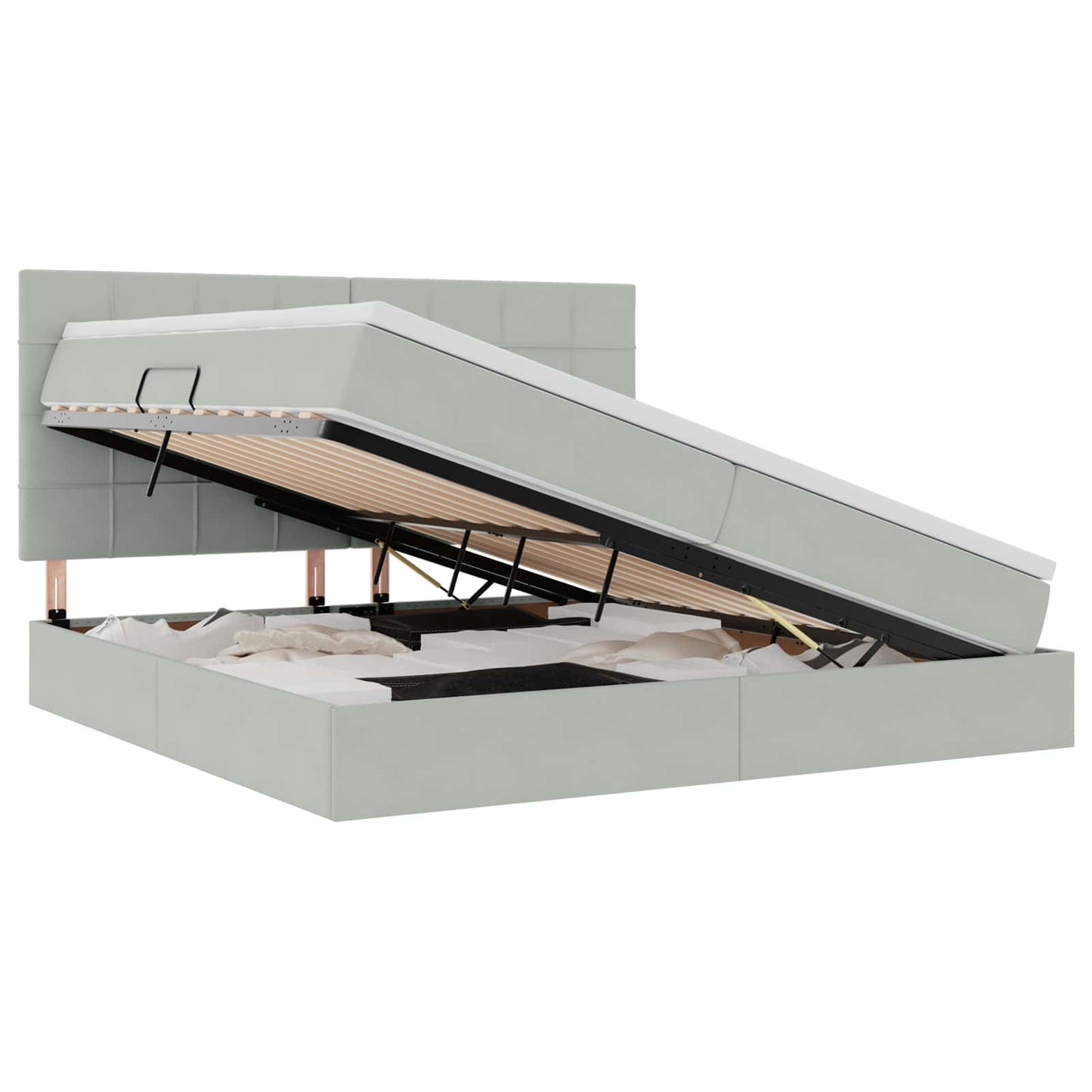 LED tárolós ágy matraccal Világosszürke 200 x 200 cm Bársony