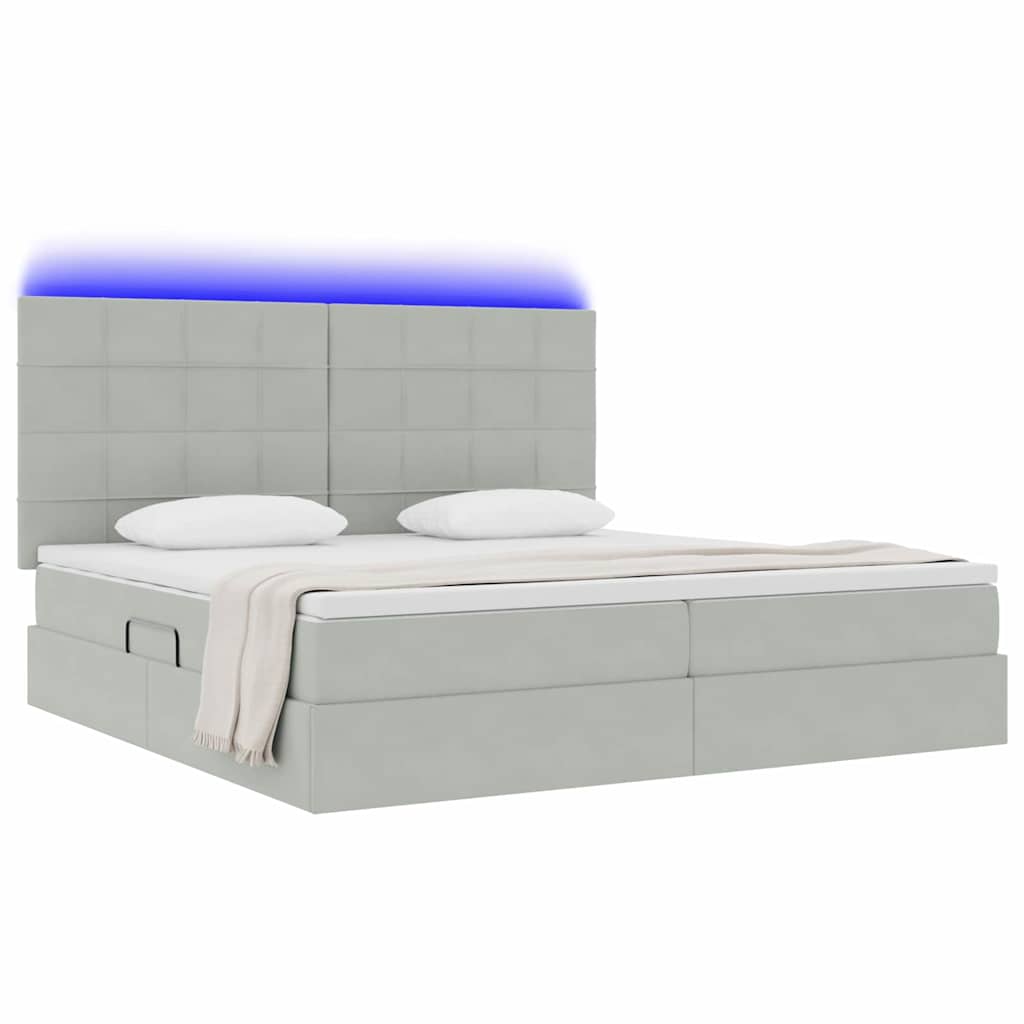 LED tárolós ágy matraccal Világosszürke 200 x 200 cm Bársony
