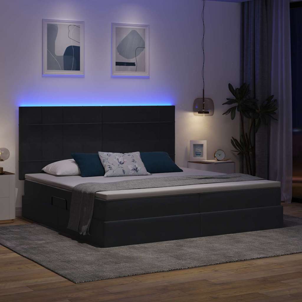 LED tárolós ágy matraccal Sötétszürke 200 x 200 cm Bársony