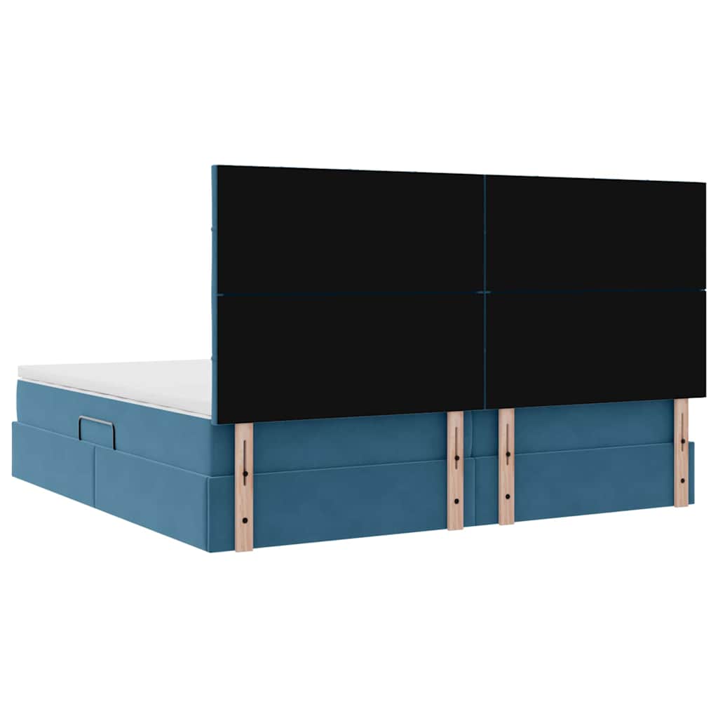 LED tárolós ágy matraccal Sötét kék 200 x 200 cm Bársony